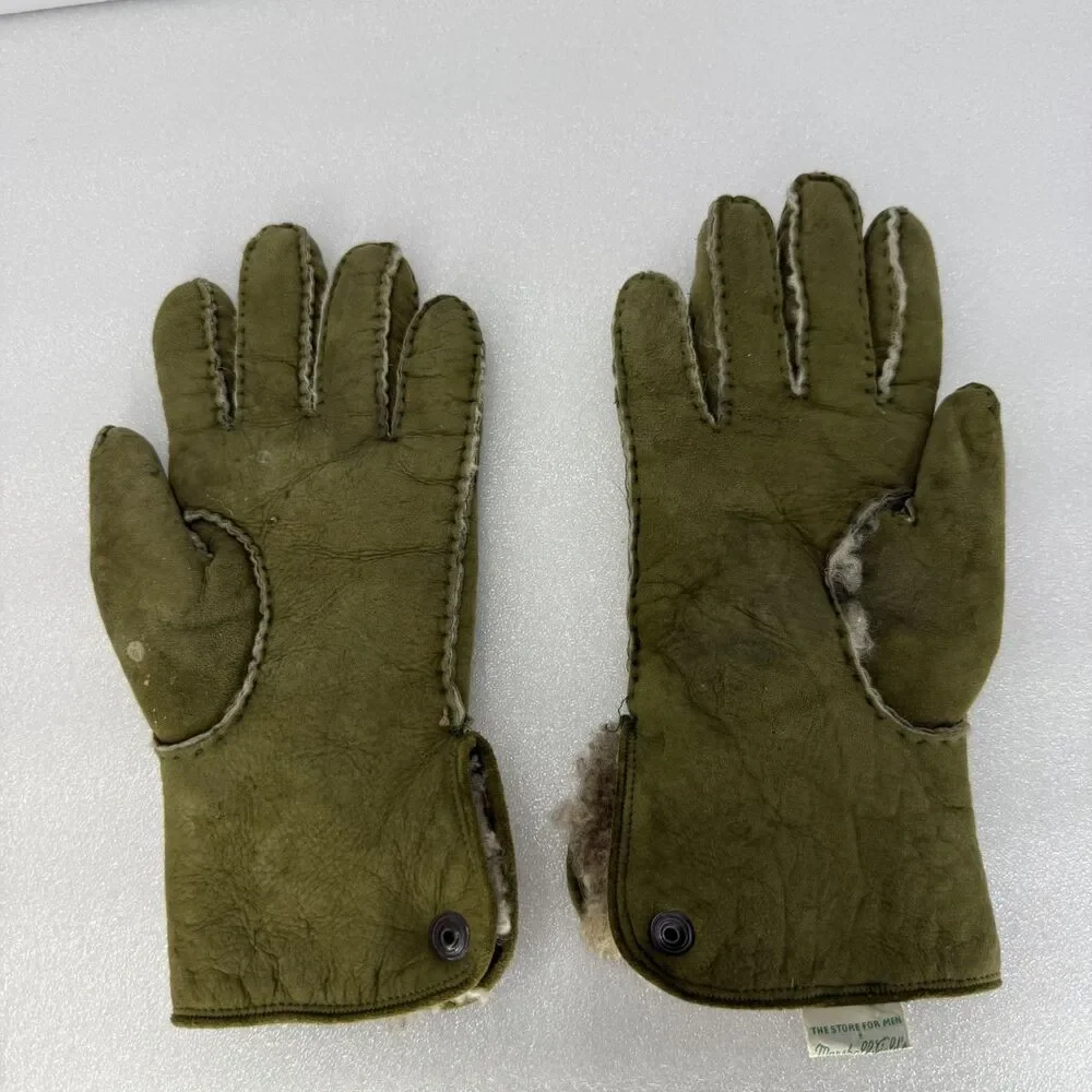 VTG Marshall Fields Gloves Mens 8.5 Green Suede Made In Italy Sherpa Lining Warm